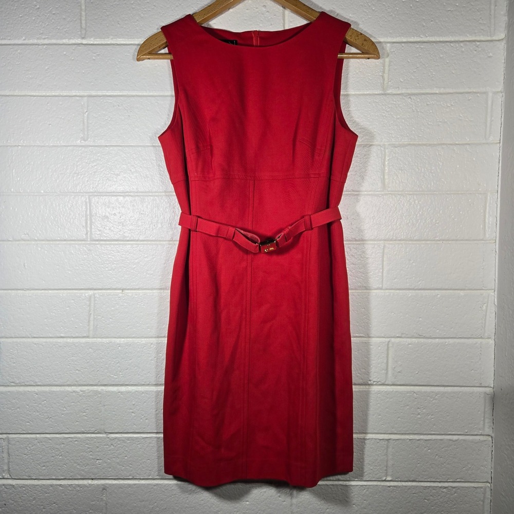 Vtg Laurel Red Virgin Wool Belted‎ Sheath Dress 40 Germany Classic Office Career
